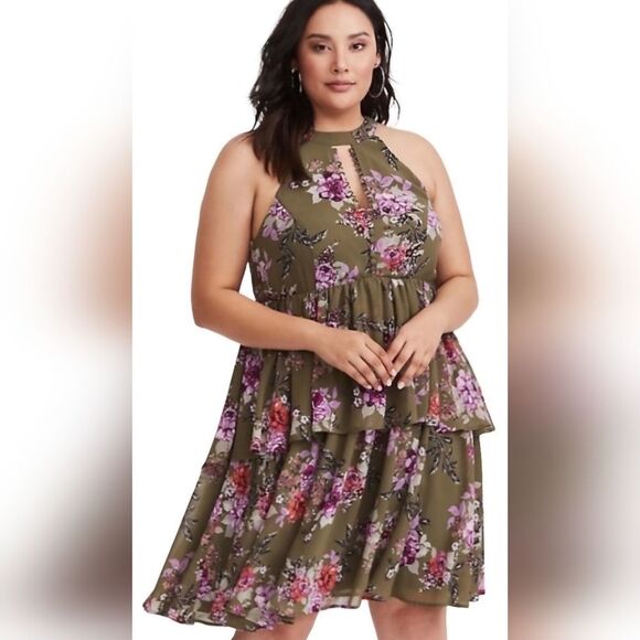 Torrid Chiffon Olive Green Floral Layered Peplum Dress (1) - Picture 3 of 8
